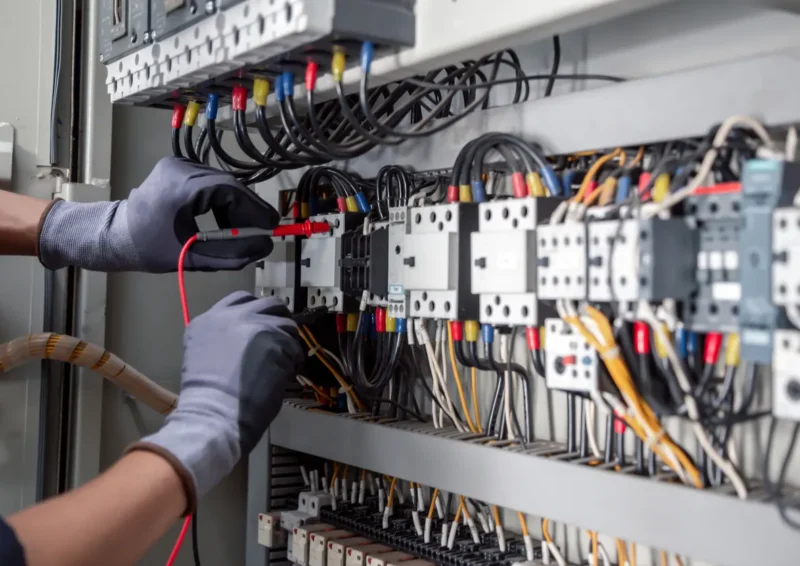 Elektromonteur voert metingen uit in een elektrotechnische schakelkast.