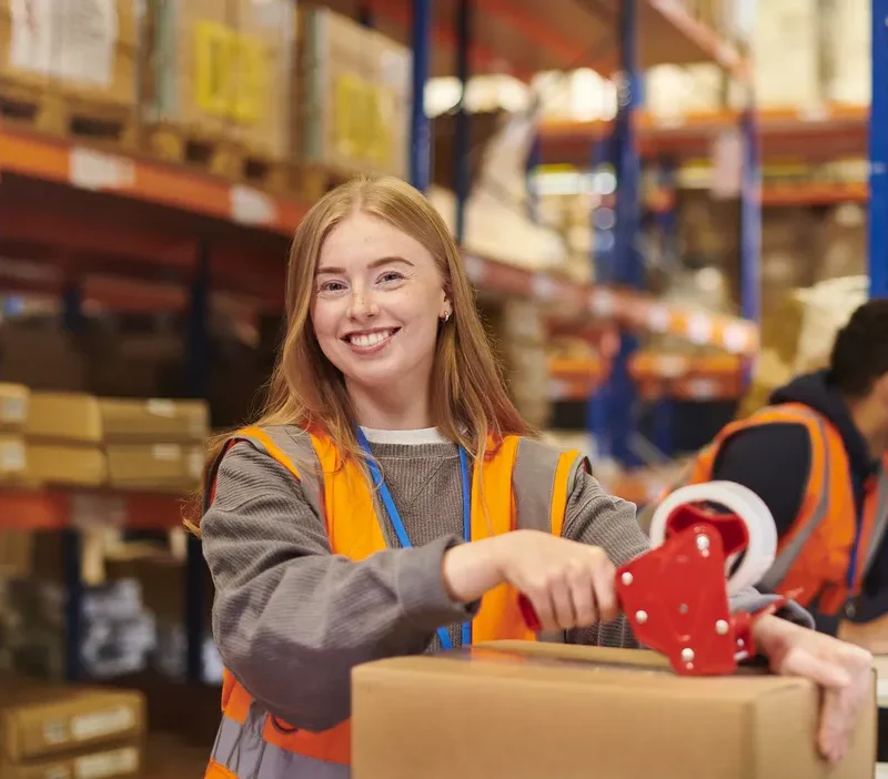 Logistiek medewerker verpakt dozen in een magazijn.