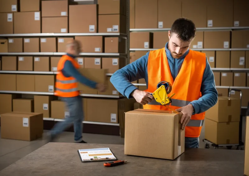 Medewerker in een magazijn die een doos inpakt en klaarmaakt voor verzending.