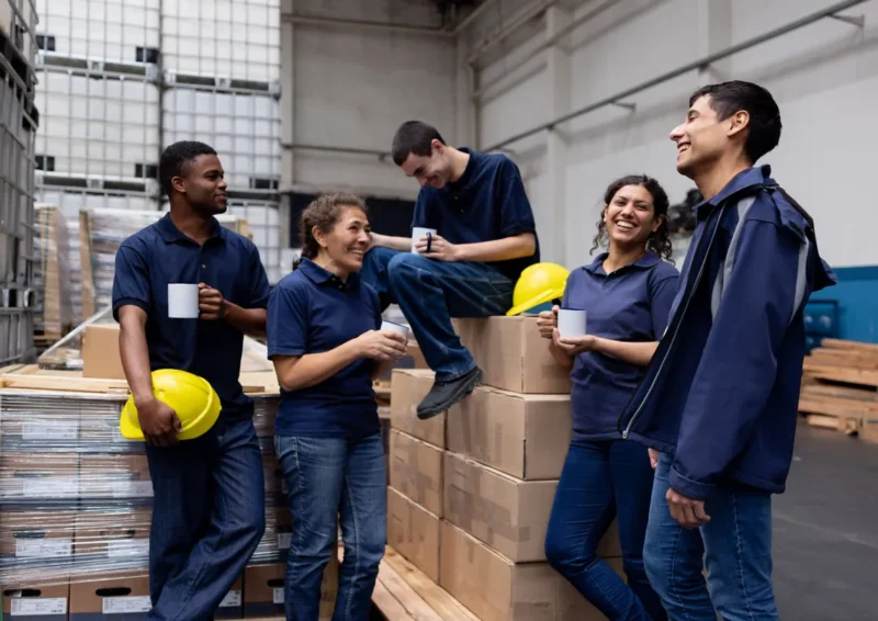 Groep medewerkers in een magazijnomgeving die pauze houden en gezellig samen staan.